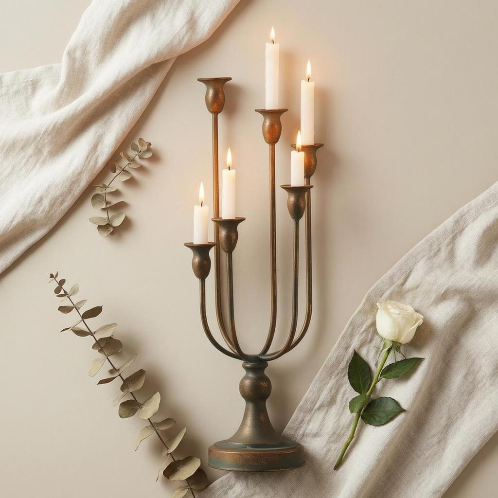 6 Arm Candelabra Worn Finish Tabletop Bronze Toned Iron Candle Stand