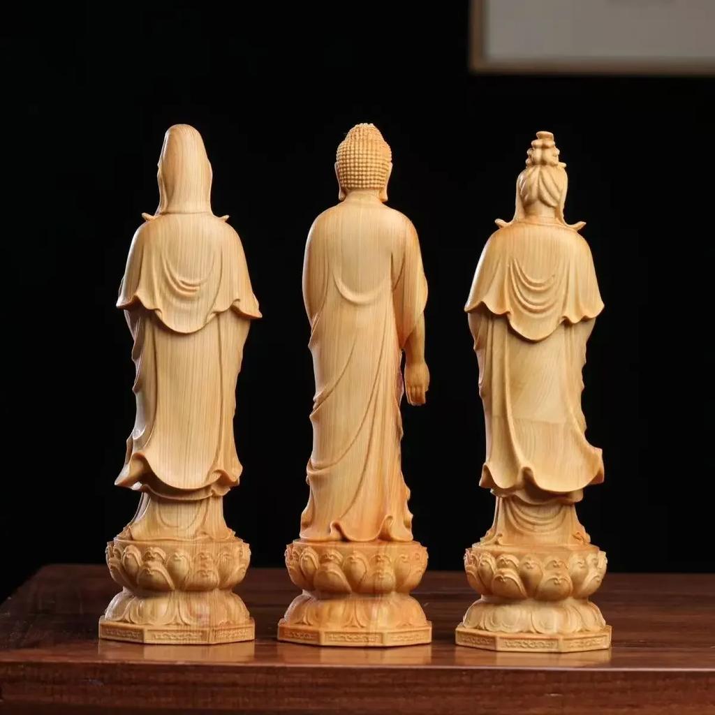 Cliff Cypress and Boxwood Carving San Sheng Guan Yin Bodhisattva Home Living Room Desktop Decoration Handicraft Holiday Gifts