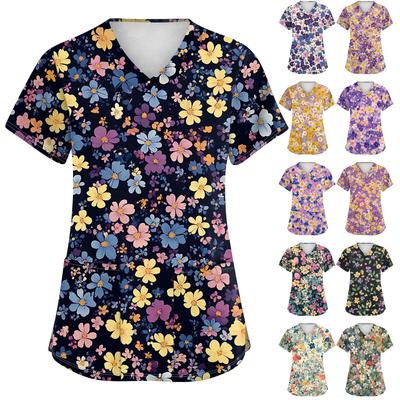 Women's Fashion V-neck Short Sleeve Workwear With Pockets Printed Tops