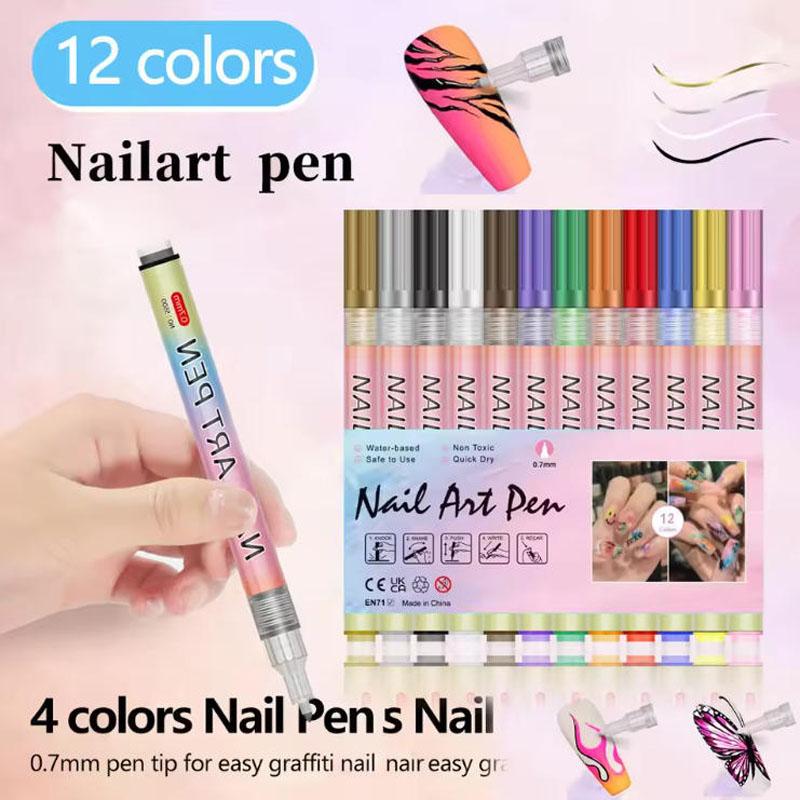 12Pcs Nail Art Pen Marker Set - 0.5mm Fine Tip for Precise Graffiti Drawing