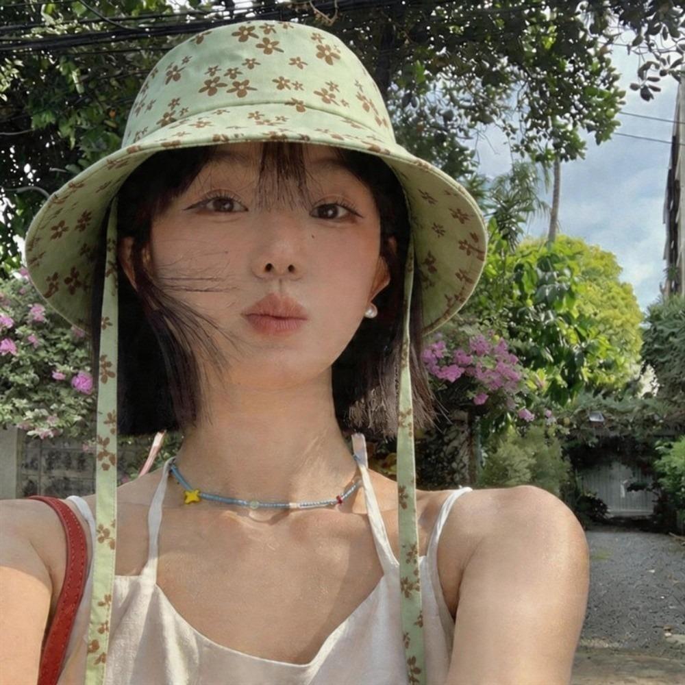 

Wide Brim Floral Print Bucket Hat Double Sided Basin Cap Cute Panama Hat Beach зелений