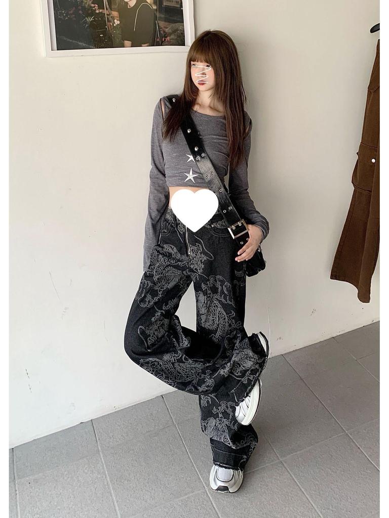 Dragon Pattern Raw Edge Wide-Leg Jeans: Trendy Unisex Slim-Fit Pants