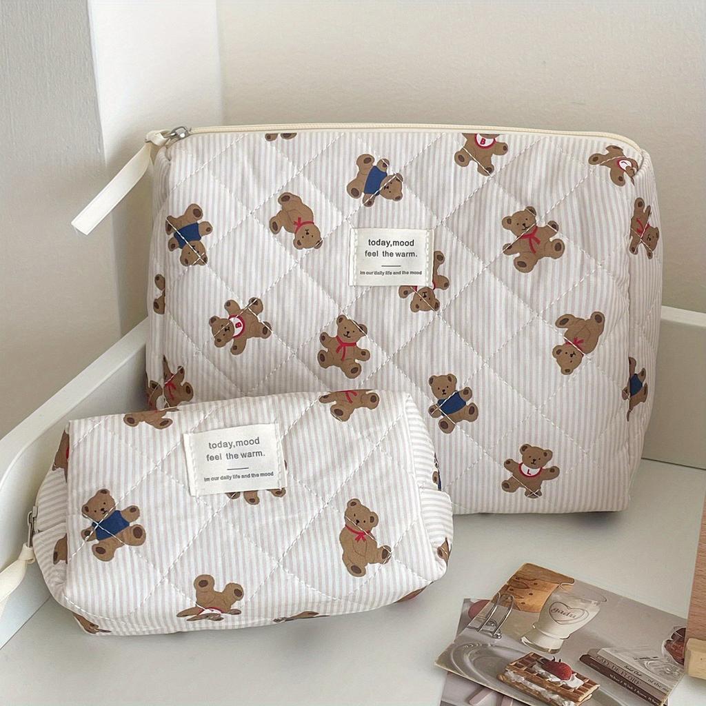 Women Makeup Zipper Bag Cartoon Bear Tote Large Capacity Quilting Pouch Washbag Cute Female Brush Cosmetic Storage Bag