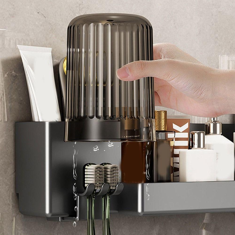 Plastic Toothbrush Holder Wall Mounted Space Saving Toothbrush Storage Rack with Cups Large Capacity Mouthwash Cup Holder