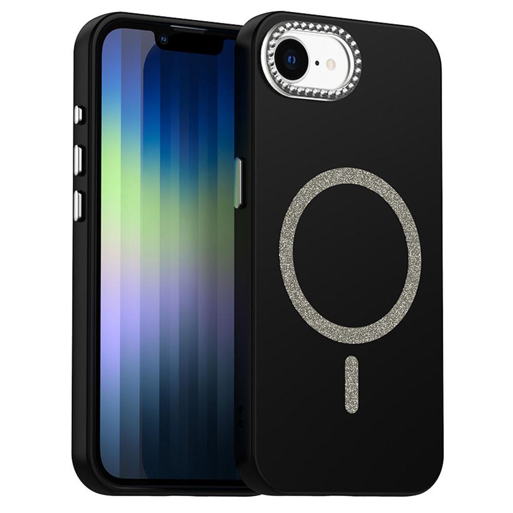 

For iPhone 16e Case Compatible with MagSafe TPU+PET Phone Cover with Rhinestone Decor Lens Frame Black