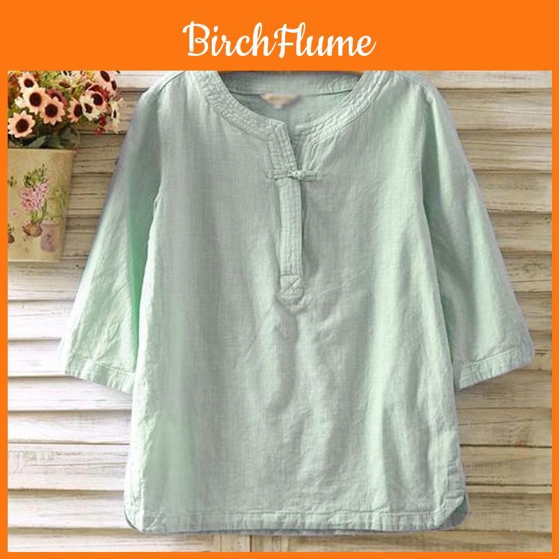 Elegant Women Vintage Cotton Linen Blouse With Flax Loose 3/4 Sleeve Tunic