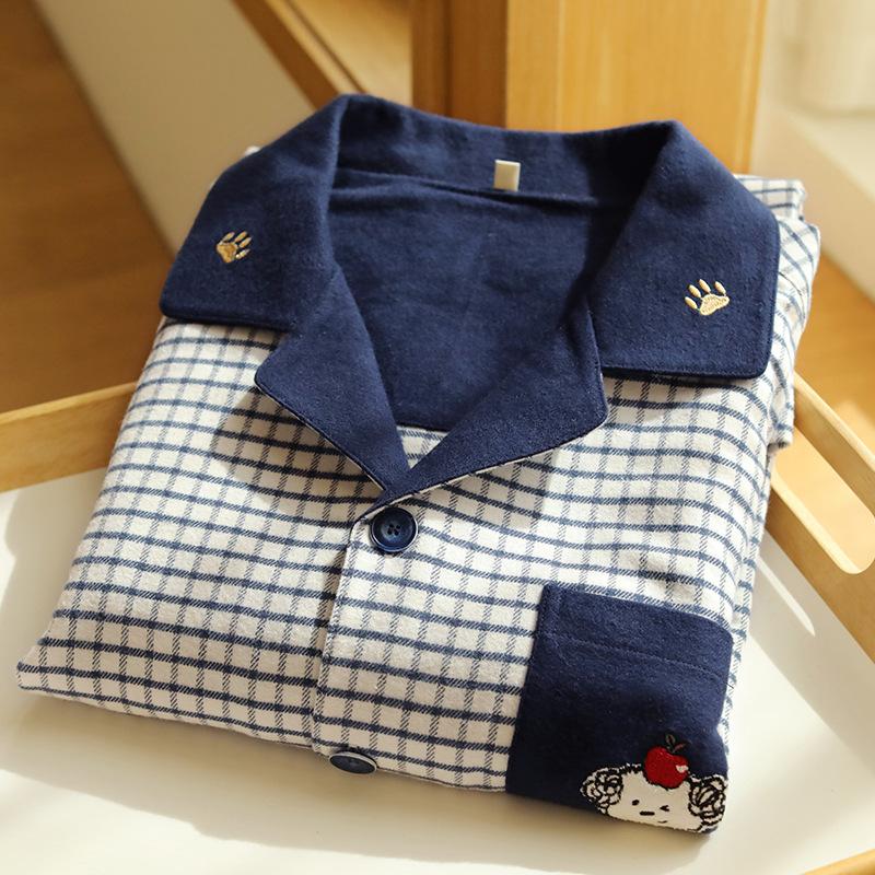 Autumn and Winter Pajamas Couple Cute Cartoon Cotton Polished Men and Women High-end Embroidery Casual Long-sleeved Suit