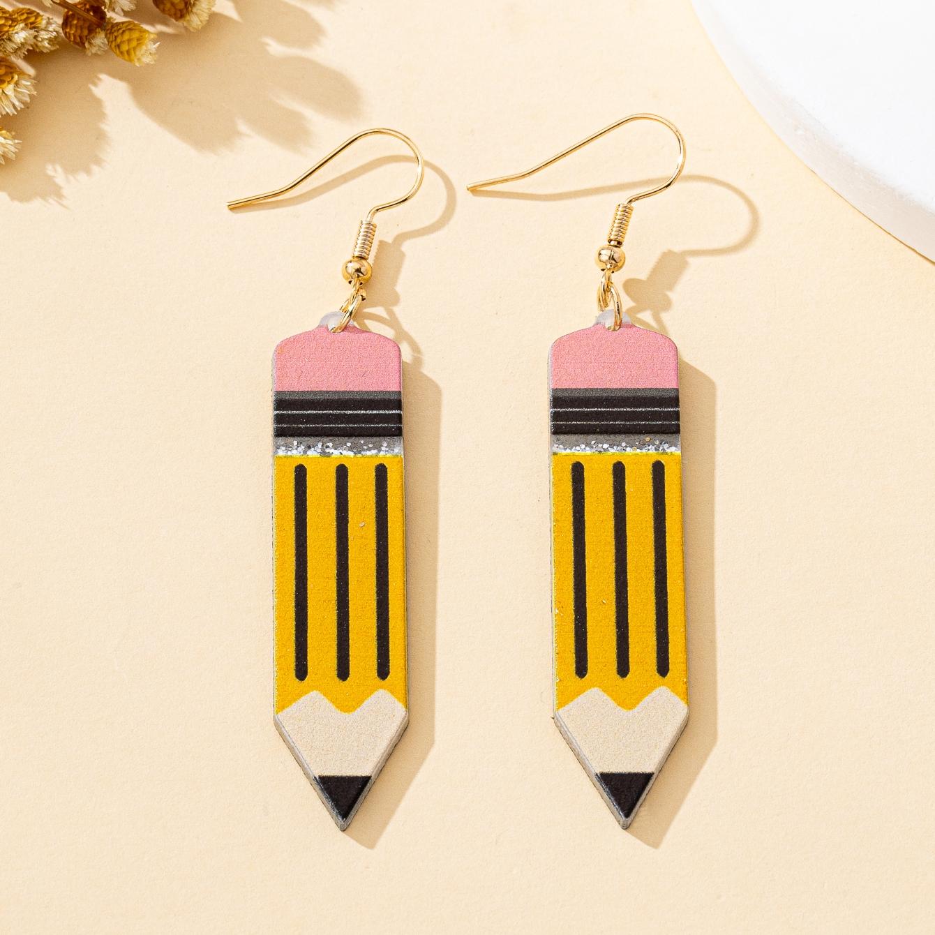 

A Pair of Women s Earrings, Creative Rose-Red Cartoon Pencil Earrings, Suitable for Wearing and Gifting during Graduation Season and Back-To-School