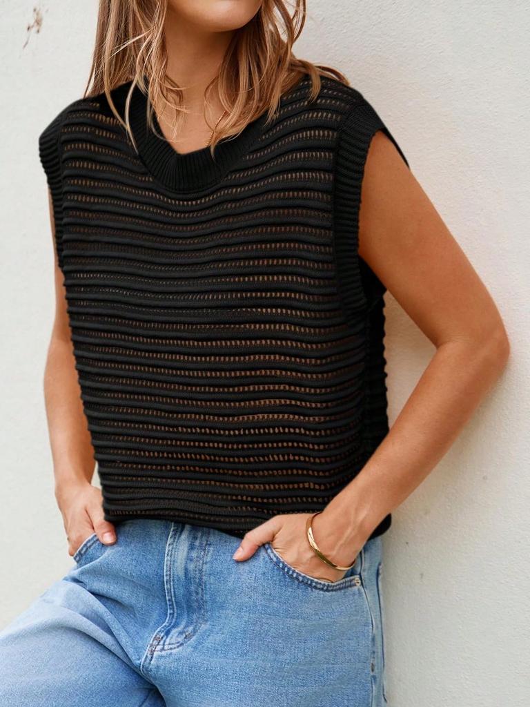 Women's Cap Sleeve Knit Sweater Vest Crew Neck Ribbed Summer Pullover Tank Top