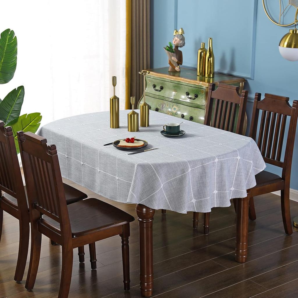 Lattice Oval Tablecloth Rustic Embroidery Cotton Linen Fabric Grey Checkered Table Cover Tablecloths for Kitchen Dining Party Tabletop Decoration 60