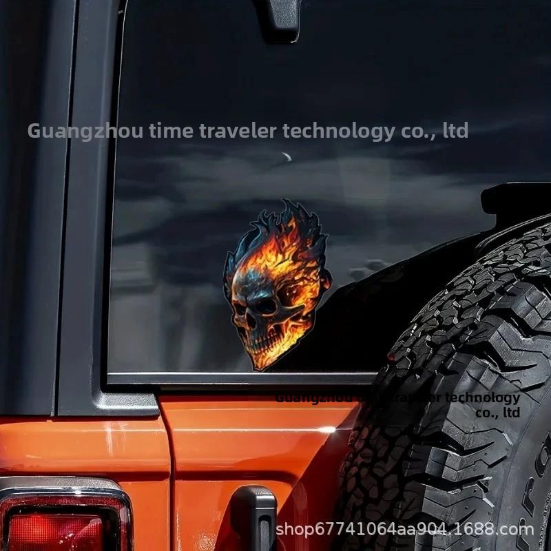 Pegatina de coche con diseño de calavera de fuego para ventana y carrocería, adhesivo de vinilo duradero