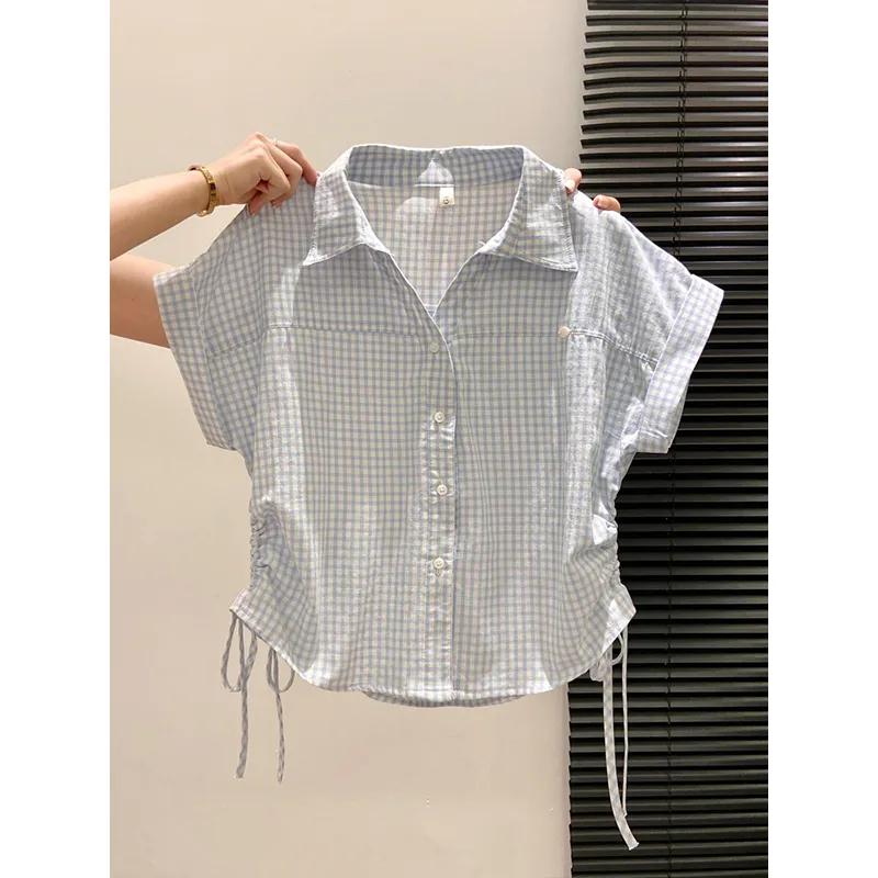 

Women s Blue White Gingham Drawstring Side Short Sleeve Cropped Shirt Casual Loose Fit Blouse S синий