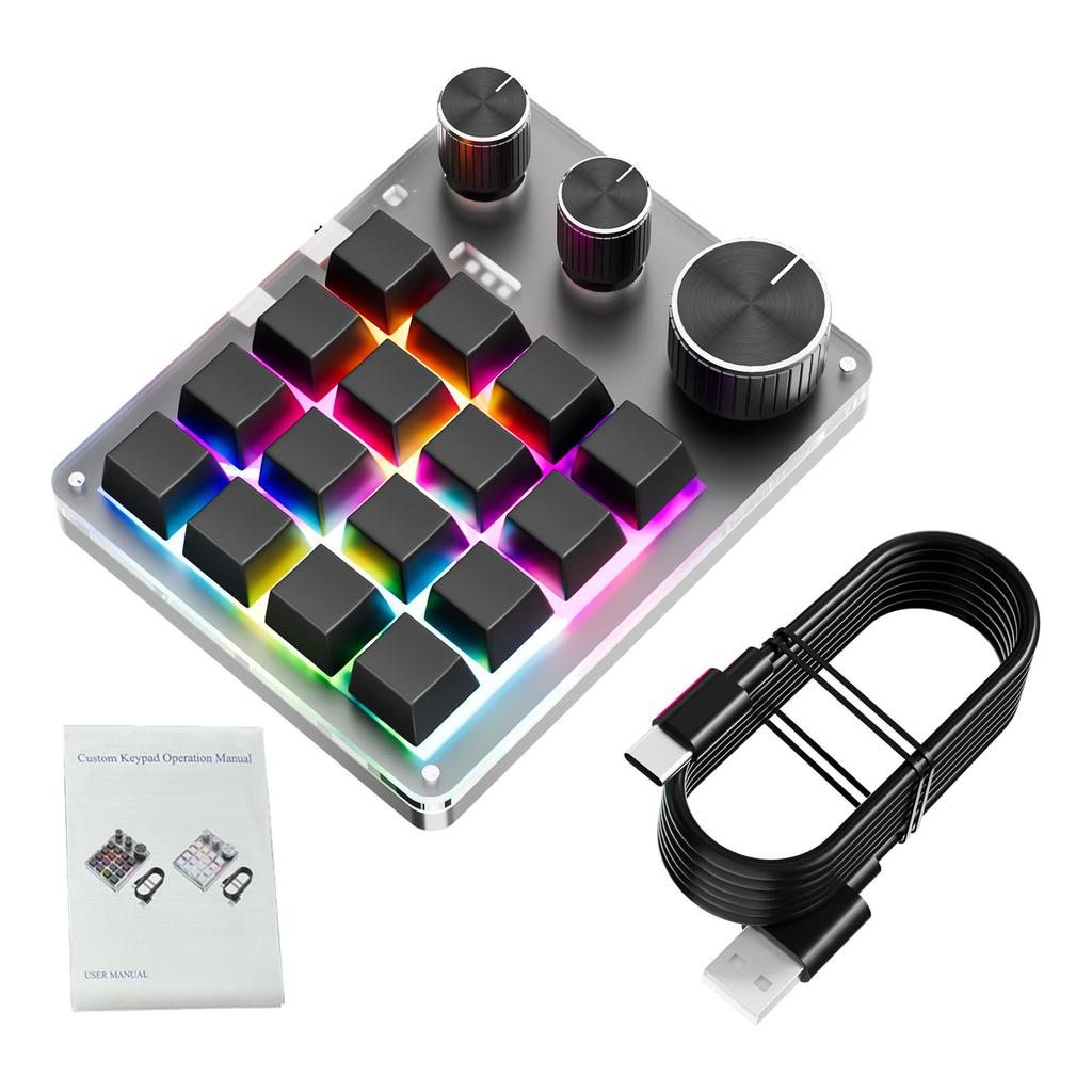 Programmable Ro Keyboard 16-Keys 3 Knob Gaming Keypad with USB Wired+ Mode Volume Controller