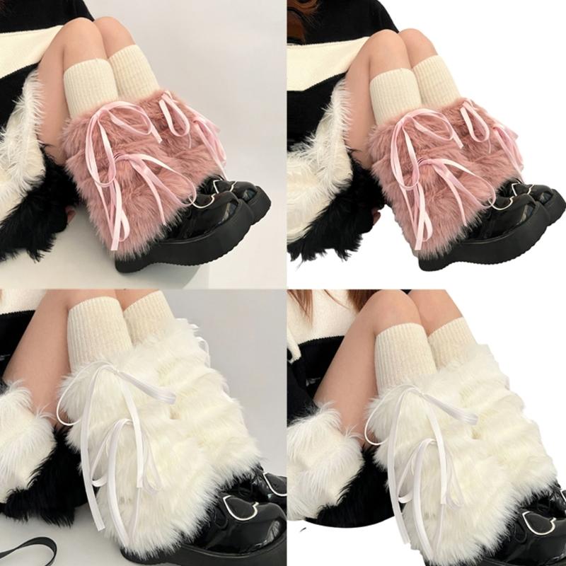 Women Gothic Punk Harajuku Plush Leg Warmers Japanese JK Sweet Ribbon Bowknot Warm Furry Boots Cover Leg Sleeve Socks