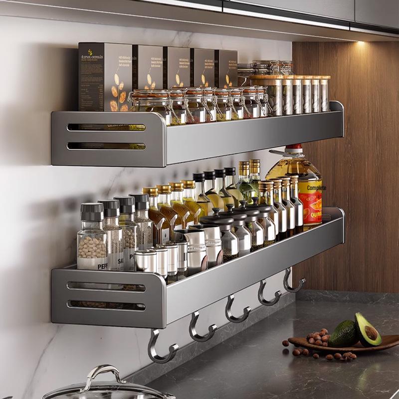 Gunmetal Wall-Mounted Kitchen Rack: No-Drill Seasoning, Knife Holder & Multifunctional Storage