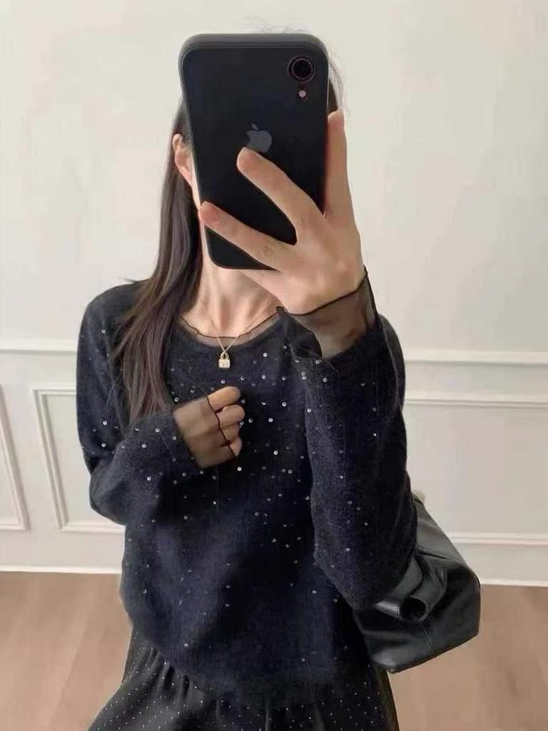 Korean Mesh Patchwork Sequin Two-Piece T-shirt: 2025 Winter Women's Sweet Temperament Trendy Top