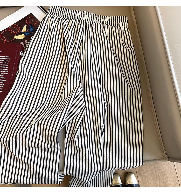 Women’s Summer 2026 Elastic Waist Striped Drawstring Casual Pants: Japanese & Korean Slimming Straight-Leg Style