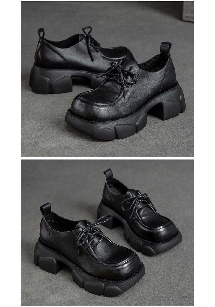 Shanghai Retro Platform Thick Sole Lace-Up Women's Loafers - Versatile, Fashionable, Height Increasing Cowhide Shoes
