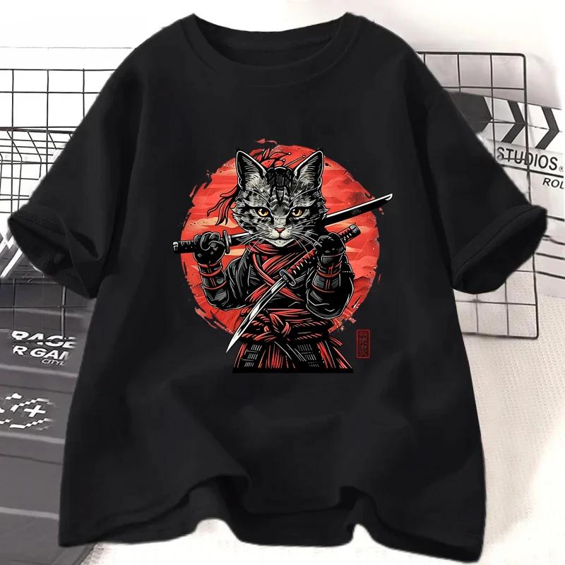 Samurai Cat Print Tshirts Summer Casual Harajuku Fashion Unisex Streetwear Y2K Short Sleeve Tops Oversize ONeck Tshirts
