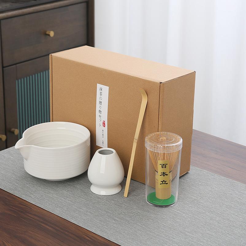 4Pcs Matcha Whisk Set Elegant Matcha Tea Set Ceramic Bowl Teaspoon Whisk Holder Powder Box Spoon Holder Tea Cloth Tea Sieve