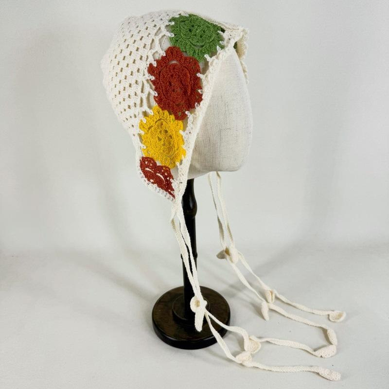 Bohemian Handmade Crochet Knitted Cap For Women Ethnic Style Hollow Flower Tassel Hat Fashionable Versatile Headdress Accessory бежевый