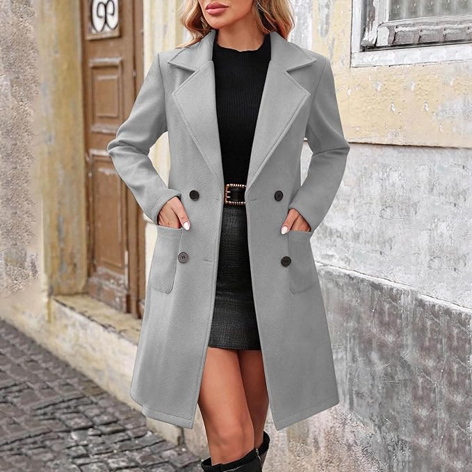 

Women s Casual And Fashion Jacket Solid Color Lapel Double Button With Pockets Coat M