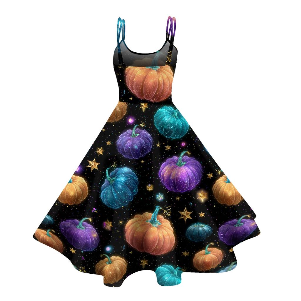 Women's Halloween Printed Off Shoulder Punk Vintage Dress Sleeveless Spaghetti Strap A-Line Midi Dress with Floral and Spider Web Pattern