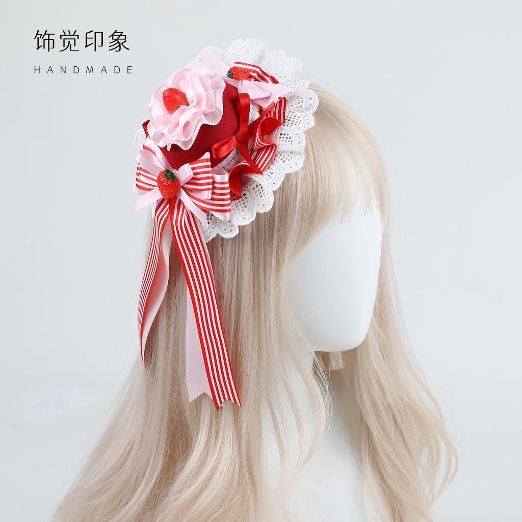 Lolita Cake Top Hat Lolita Handmade Flower Strawberry Headband Sweetheart Tower Headdress Pink Striped Strawberry Headband