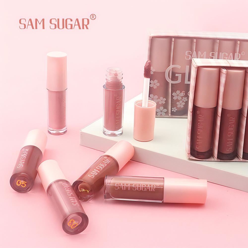 SAM SUGAR 6 Colors Glossy Lip Gloss Set Matte Velvet Waterproof Long Lasting Non-Stick Cup Nude Red Liquid Lipstick Makeup Kit for Women Cosmetics