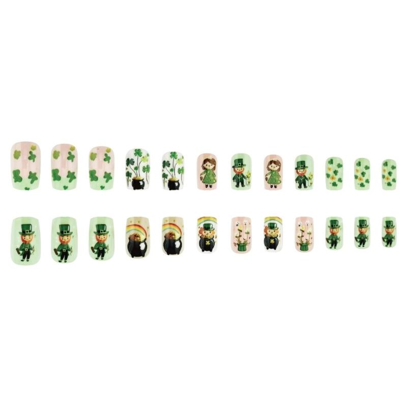 Square Press on Nail Shamrock Fake Nail Stick on Nail 12 Size,24 Pcs French Nail Tips for DIY Nail Art Decorations