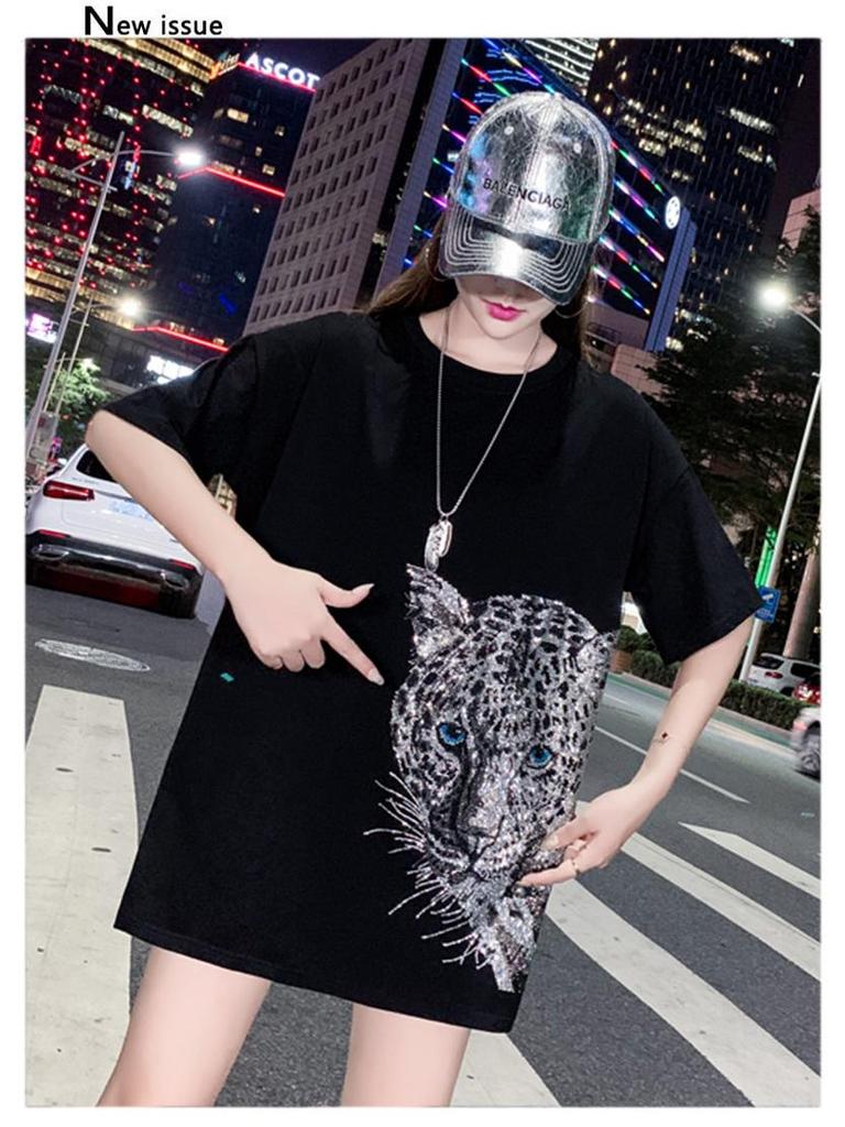 200g Combed Cotton Women's Plus Size Rhinestone Top, 2023 Mid-Length Style