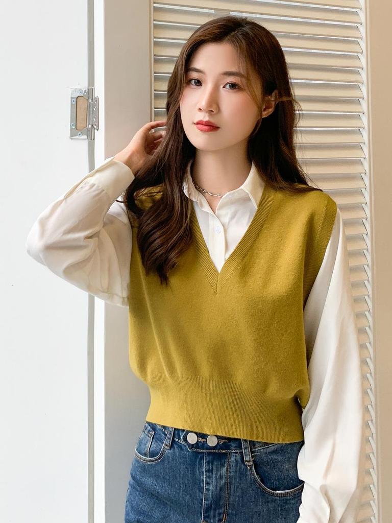Women's Korean Style Knit Pullover Vest - Casual College Sweater Top