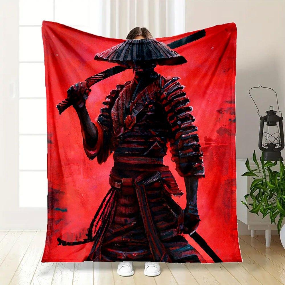 Samurai Warrior Art Print - Japanese Bushido PosterBlanket Flannel Throw Blanket for Sofa, Bed, Travel, Camping, Office, Couch, Chair, And B