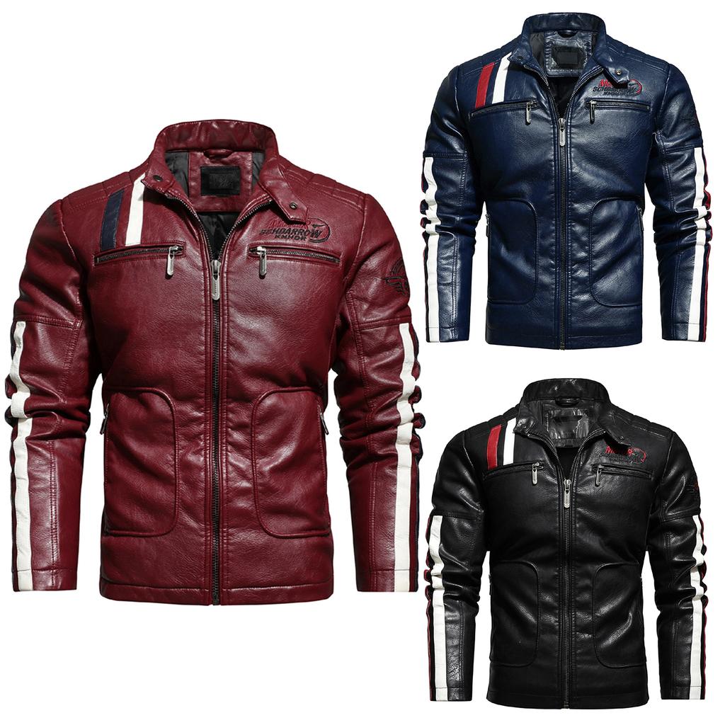 Men's Motorcycle Leather Racing Suit Colorblock Embroidery Motorcycle PU Jacket Windproof Cotton Jacket
