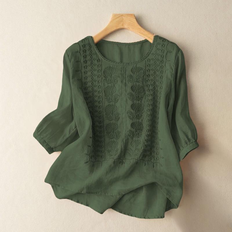 Summer Elegant Embroidery Loose Women Blouse Large Size Casual T-shirt Loose Simple Office Solid Color Fashion Elegant O Neck Sweet Shirts Clothing