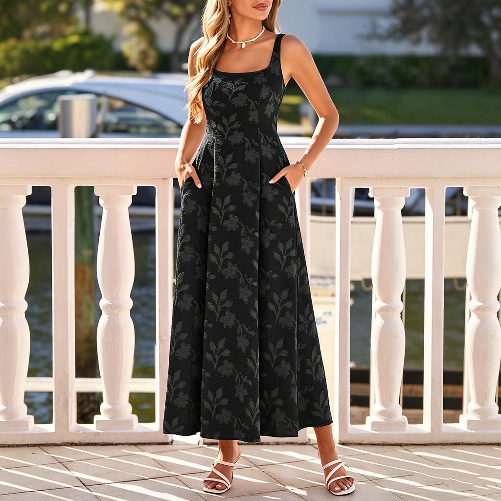 Women’s Sleeveless Maxi Dress with Square Neck Adjustable Straps and Shirred Detailing for Casual or Formal Wear