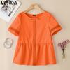 VONDA Women Short Sleeve Blouse Casual Lace Crochet Hem Hollow Tops