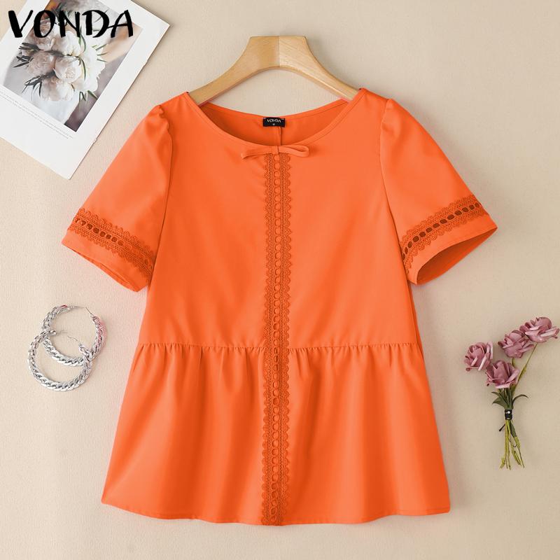 VONDA Women Short Sleeve Blouse Casual Lace Crochet Hem Hollow Tops
