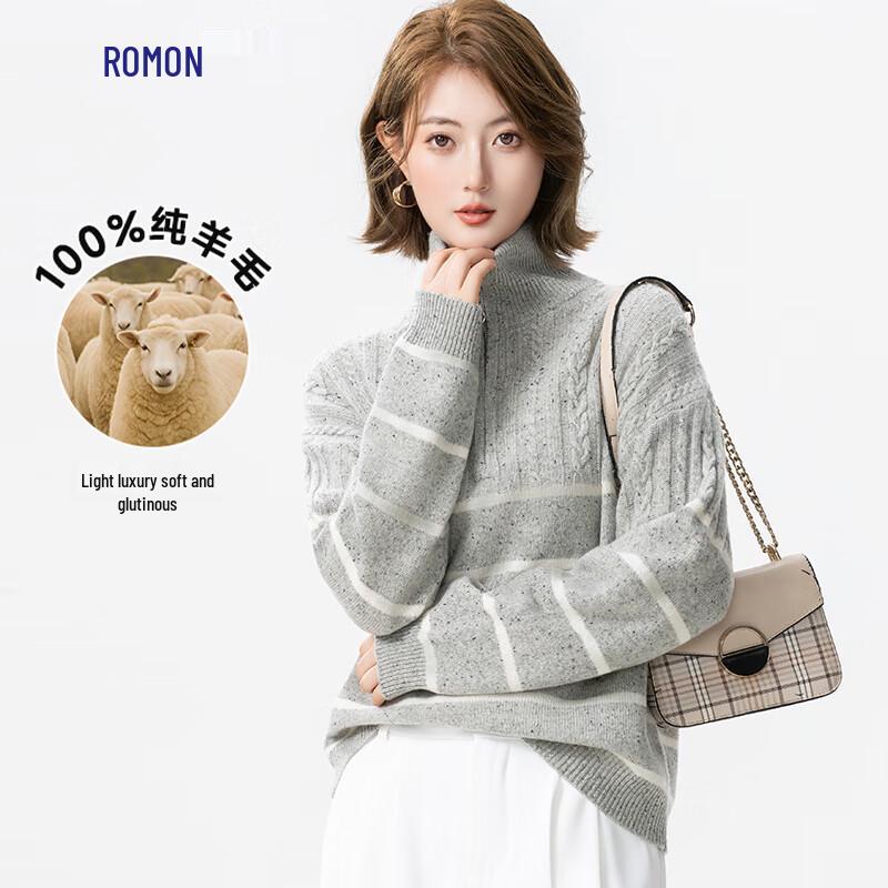 ROMON Damen 100% Merinowolle Reißverschluss Halboher Kragen Pullover