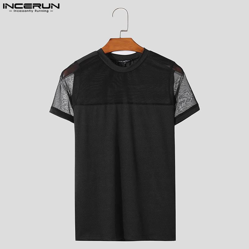 INCERUN Men Short Sleeve Solid Color Patchwork Tops Slim Mesh Sheer T-shirts