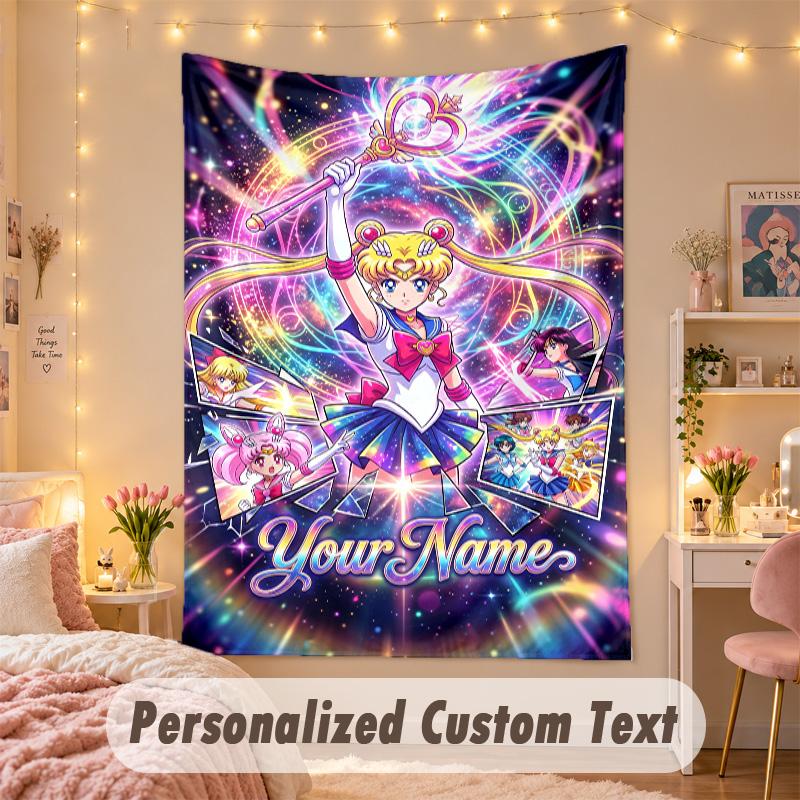 Custom Personalized Tapestry,Sailor Moon Print Custom Name Text Wall Art Hanging for Bedroom