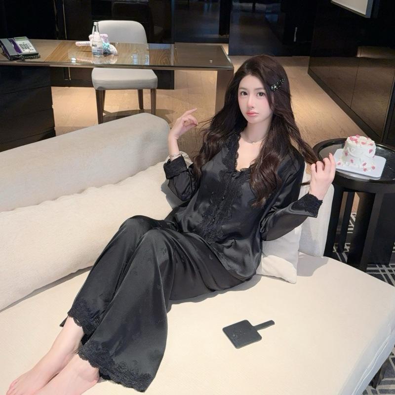 Pajamas women's long-sleeved trousers sweet spring and summer ice silk thin princess style lace V-neck high-end French loungewear