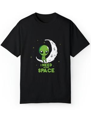 Men's "I Need More Space" Alien Graphic Cotton T-Shirt - Black Casual Round Neck Unisex T-Shirt