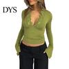 Solid Color Lace Print Blouse Women's Long Sleeve Crop Top Sexy Deep V Neck Slim Fit Bell Sleeves Club Wear Casual Basic Low Cut Going Out Shirt