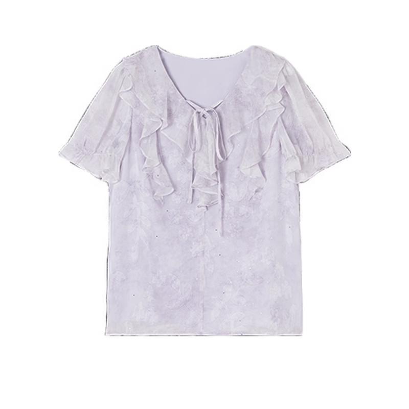 French Floral Chiffon V-Neck Ruffled Puff Sleeve Blouse S