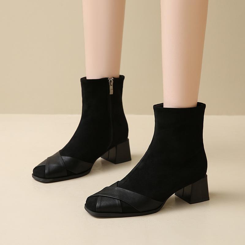 Square head short boots children thick heel 2025 new autumn and winter Martin boots temperament thin boots short tube thin elastic boots