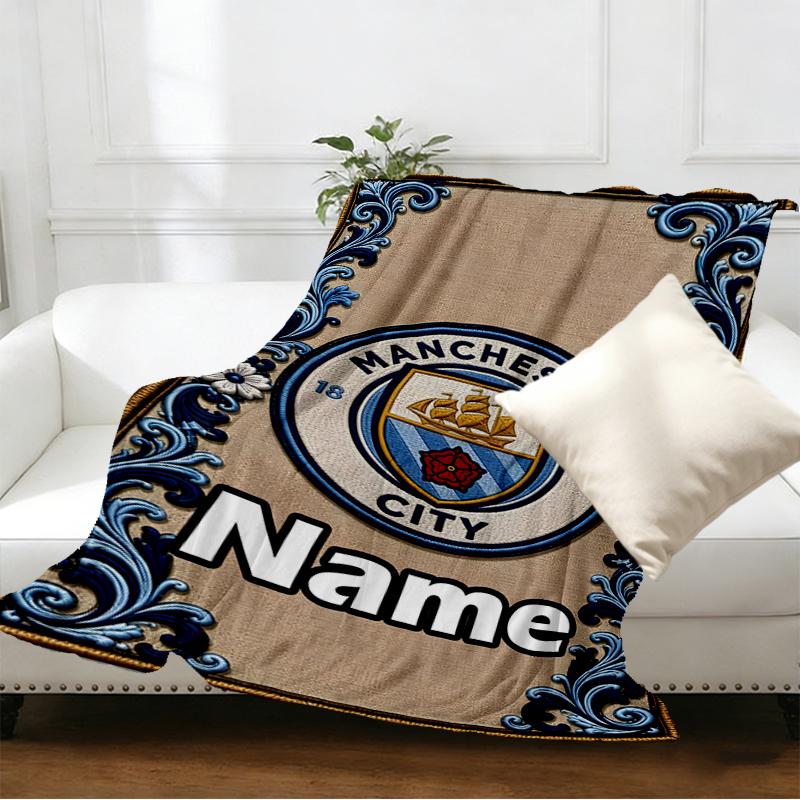 Custom Name Personalized Manchester City FC Print Blankets, Home Decor, Bedroom, Sofa, Camping, Couch, Gifts for Birthday Christmas