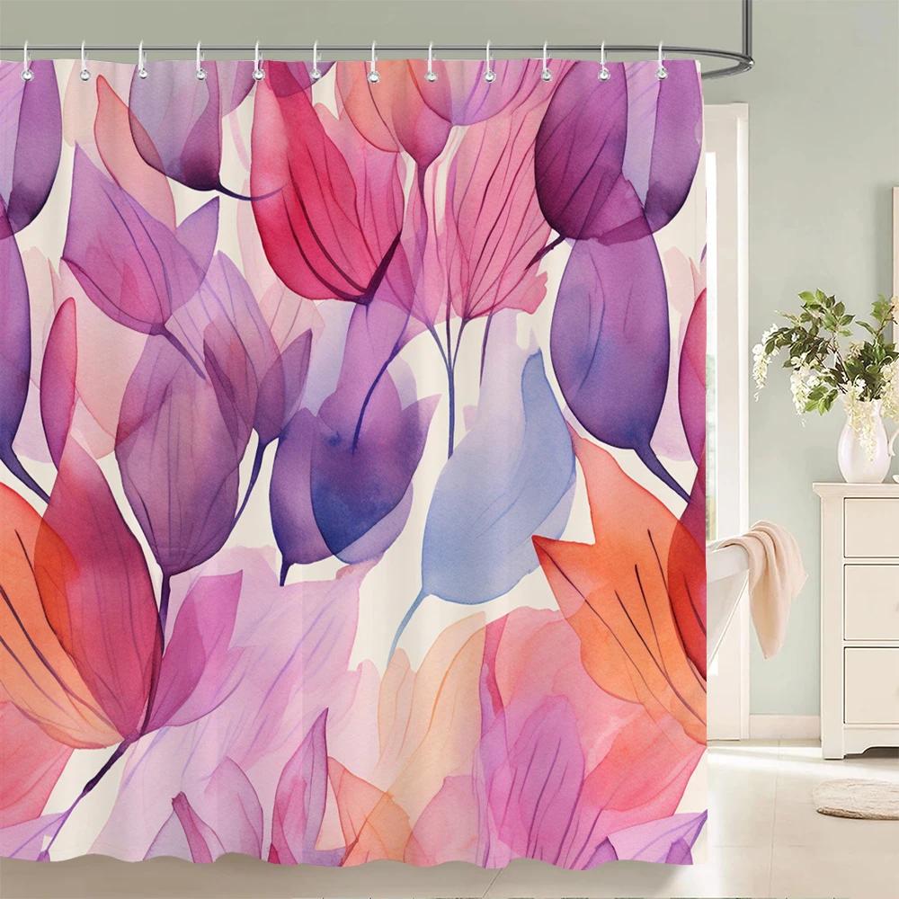 1Pcs Watercolor flower and plant leaves printed fabric waterproof shower curtain, home decoration bathroom curtain, with hooks