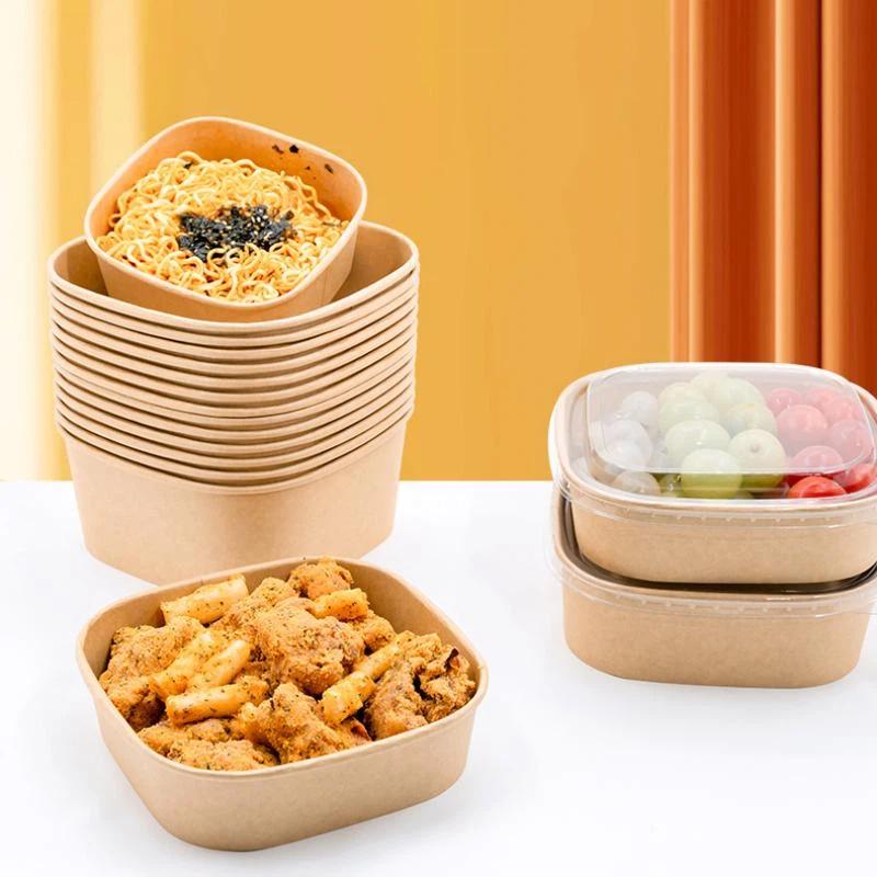 10Pcs Disposable Lunch Box Kraft Paper Square Lunch Box Fast Food Packing Boxes Paper Bowls With Lid Household Bento Boxes