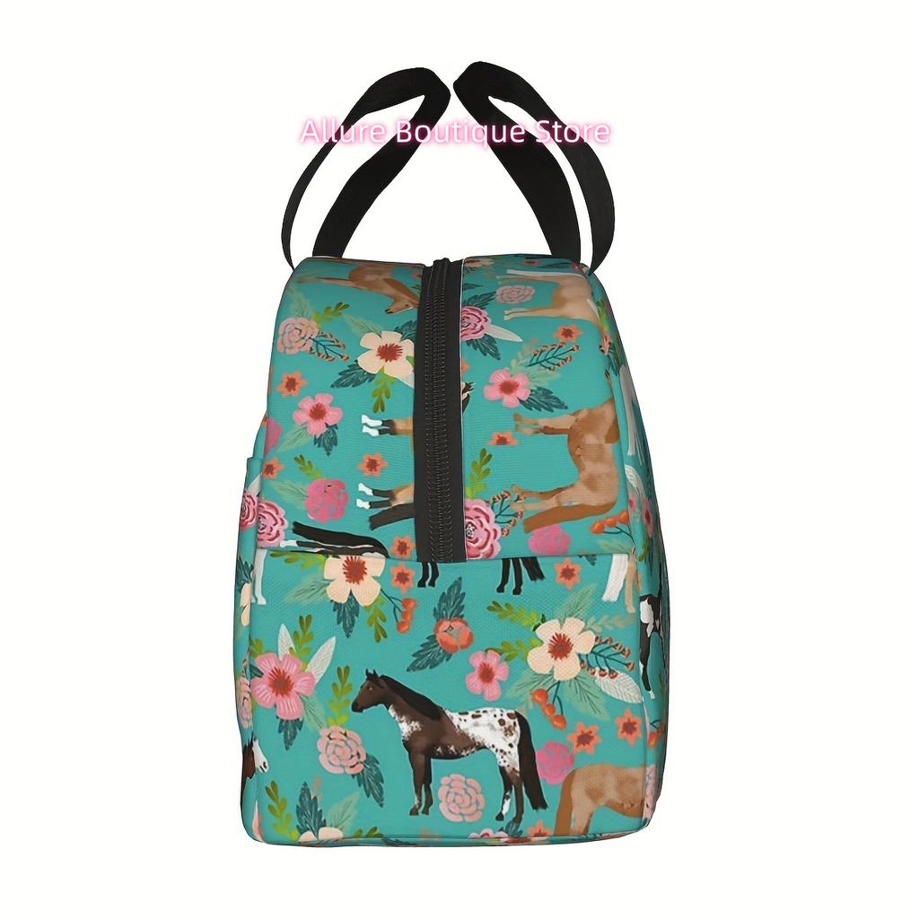 1 Stück DRONENPILOT Isolierte Lunchtasche, Blumen- & Mehrfarbiges Pferde-Design, Wasserdichte Oxford-Stoff Kühlertasche, Handwaschbar Therma